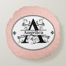 Monogramm A mit hellrosa Muster im Hintergrund Rundes Kissen
