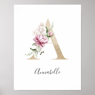 Monogramm A Rosa Weiß Blumen Gold Buchstabe Kinder Poster