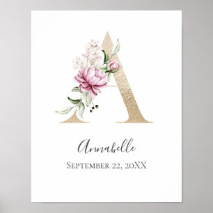 Monogramm A Rosa Weiße Florale Gold Buchstabe Kind Poster