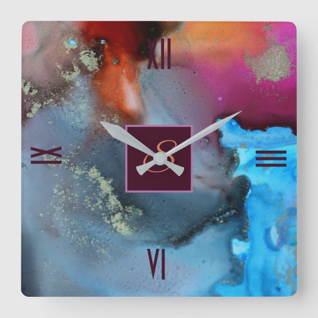 Monogramm Abstrakte Blaurot-orange-Waagen Quadratische Wanduhr (Vorderseite)