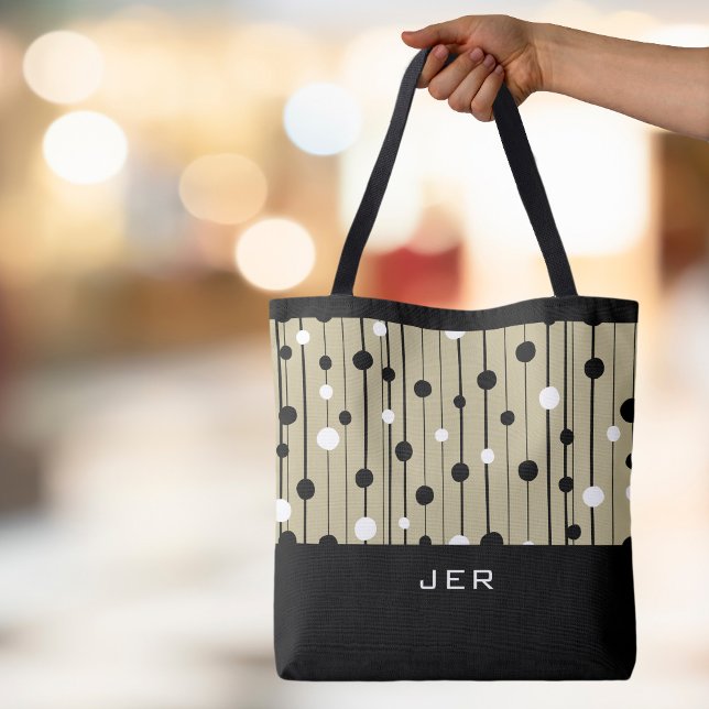 Monogramm Abstrakte Kreise Linien Schwarz-weiß bra (Monogrammed Initials or Name Abstract Circles Lines Black White Brown Canvas Shopping Tote Bag)