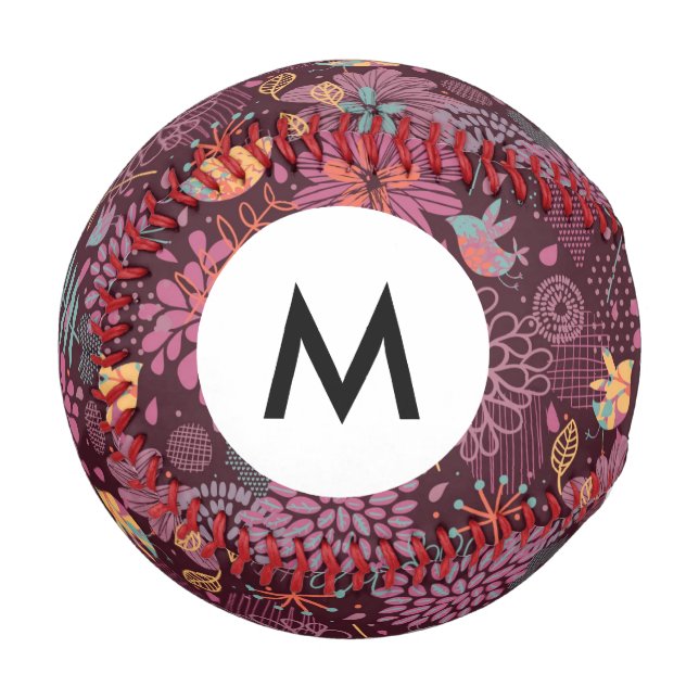 Monogramm Abstraktes Blumenmuster bei Vögeln Baseball (Vorderseite Links)