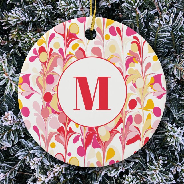 Monogramm Abstraktes Retro-Marmormuster Keramik Ornament (Retro marble pattern monogram initial personalized ceramic ornament)