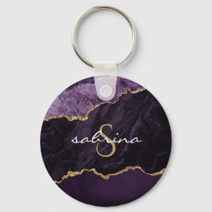 Monogramm-Achat-Geode Lila Gold Schlüsselanhänger