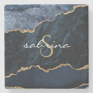 Monogramm-Achat-Geode Navy Blau Gold Steinuntersetzer