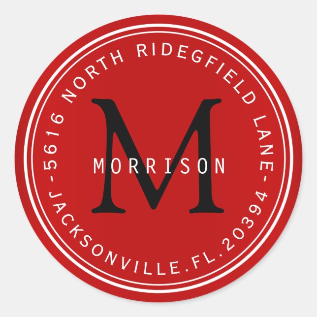 Monogramm-Adressenaufkleber in dunkelrot Runder Aufkleber (Vorderseite)