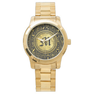 Monogramm-ägyptische alte Goldhieroglyphen Armbanduhr