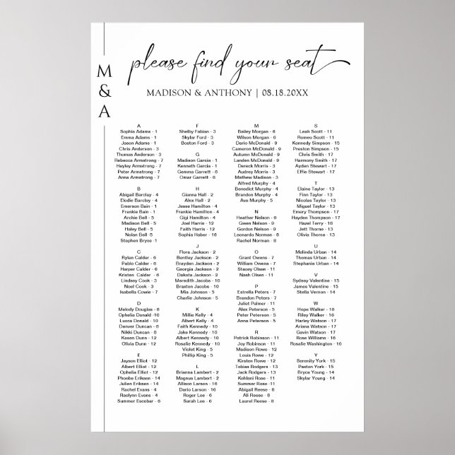 Monogramm-Alphabetischer Hochzeitssitzplan Poster (Vorne)