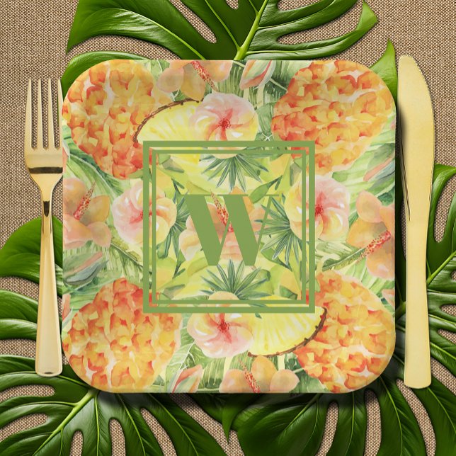 Monogramm Ananas Blume Grünpflanzen Pappteller (Monogram Pineapples Flowers Greenery Paper Plates)