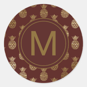 Monogramm   Ananas Gold Burgundy Runder Aufkleber