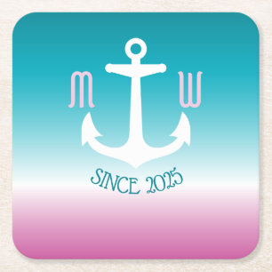 Monogramm Anchor Ombre Türkis Pink Nautic Rechteckiger Pappuntersetzer