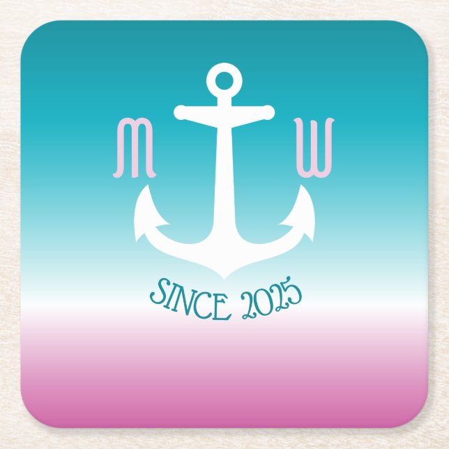 Monogramm Anchor Ombre Türkis Pink Nautic Rechteckiger Pappuntersetzer (Vorderseite)