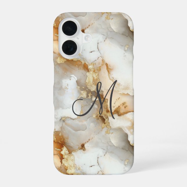 Monogramm Anfangs Gold Grau Weiß Marmor Wasserfarb iPhone 16 Hülle (Rückseite)