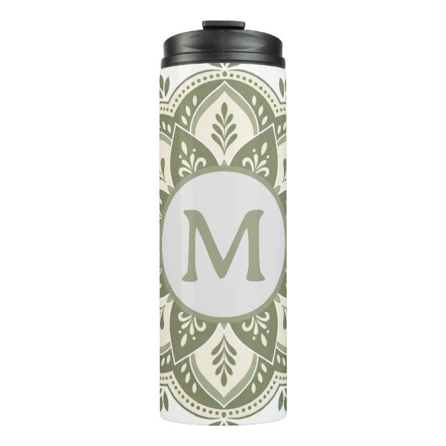 Monogramm Anfangsbuchstabe Boho Mandala Salbeigrün Thermosbecher (Vorderseite)