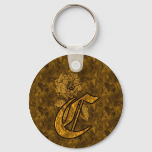 Monogramm Anfangsbuchstabe C Gold-Pfingstrose-Blum Schlüsselanhänger