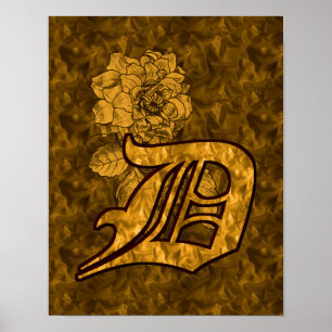 Monogramm Anfangsbuchstabe D Gold-Pfingstrose-Blum Poster