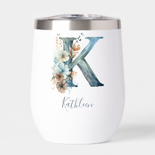 Monogramm Anfangsbuchstabe K Blau Floral Aquarell