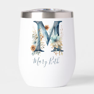 Monogramm Anfangsbuchstabe M Blau Floral Aquarell 