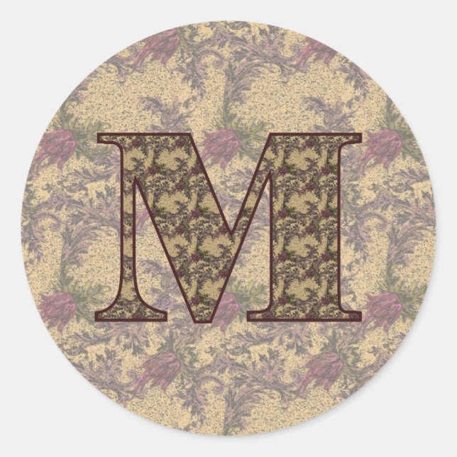Monogramm Anfangsbuchstabe M Elegant Vintage Blume Runder Aufkleber (Vorderseite)