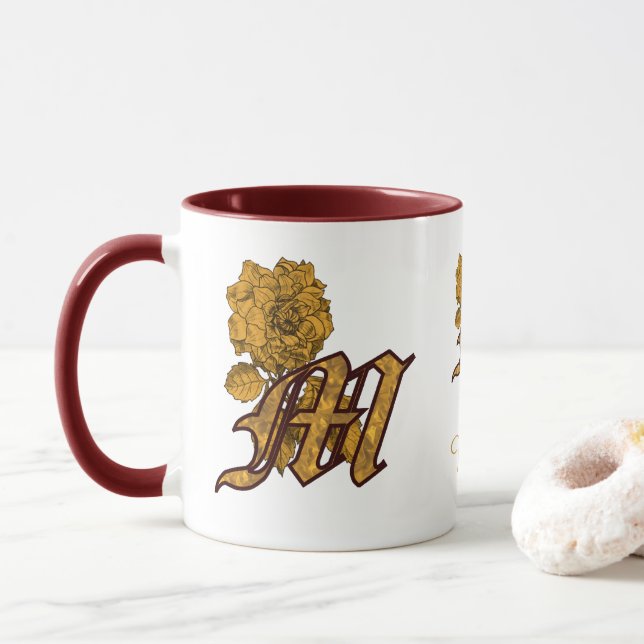 Monogramm Anfangsbuchstabe M Elegantes Gold Pfings Tasse (Mit Donut)