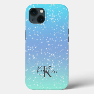 Monogramm Anfangsbuchstabe Name Blau Grün Glitzer  Case-Mate iPhone Hülle