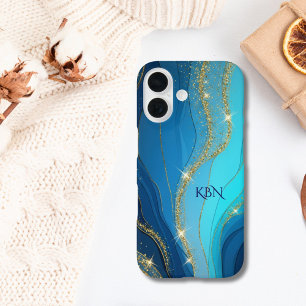 Monogramm Anfangsbuchstaben Blau Gold Glitter iPhone 16 Hülle