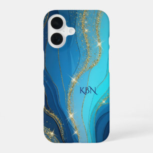Monogramm Anfangsbuchstaben Blau Gold Glitter iPhone 16 Hülle