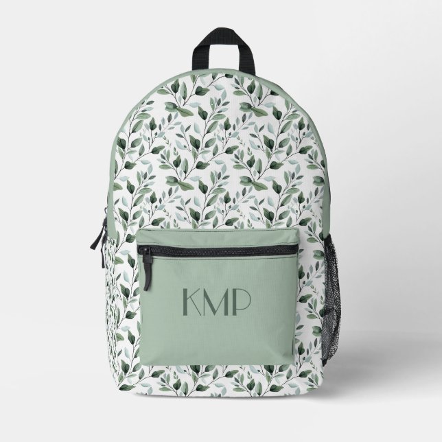 Monogramm Anfangsbuchstaben Grün Blätter Botanisch Bedruckter Rucksack (Vorderseite)