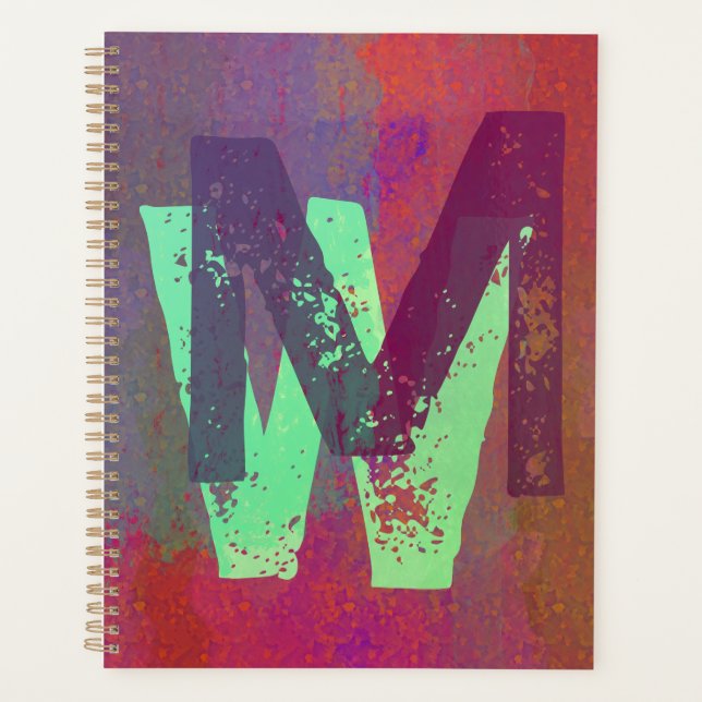 Monogramm Anfangsbuchstaben Grunge Funky Lila Grün Planer (Vorderseite)