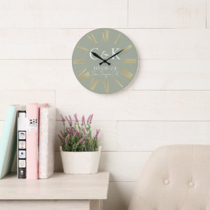 Monogramm Anfangsbuchstaben Salbeigrüne Hochzeit Große Wanduhr