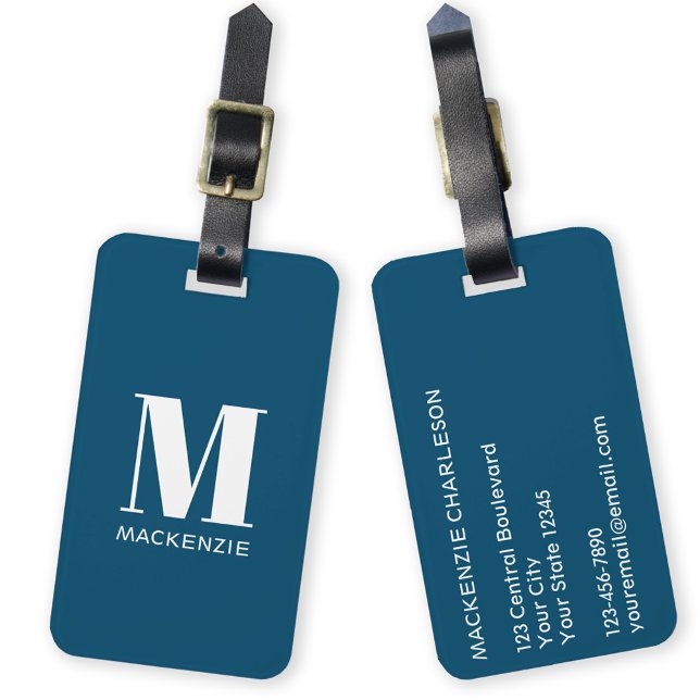 Monogramm Anfangsname Einfach Aquamarin grün Gepäckanhänger (Simple monogram initial custom name address luggage tag in teal green)