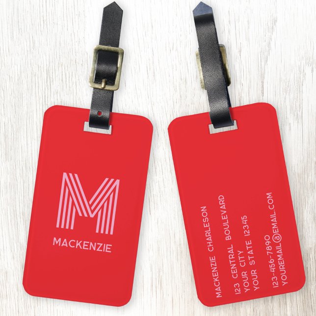 Monogramm Anfangsname Einfach Rosa und Rot Gepäckanhänger (Modern striped monogram initial custom name personalized luggage tag)