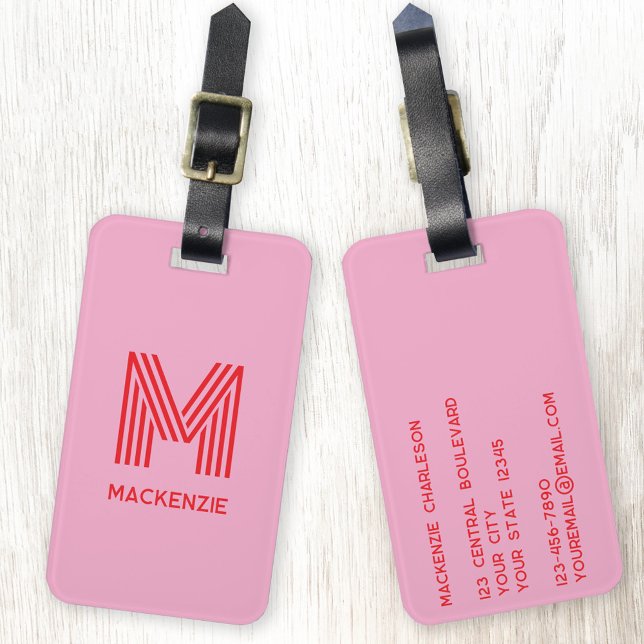 Monogramm Anfangsname Einfach Rosa und Rot Gepäckanhänger (Modern striped monogram initial custom name personalized luggage tag)