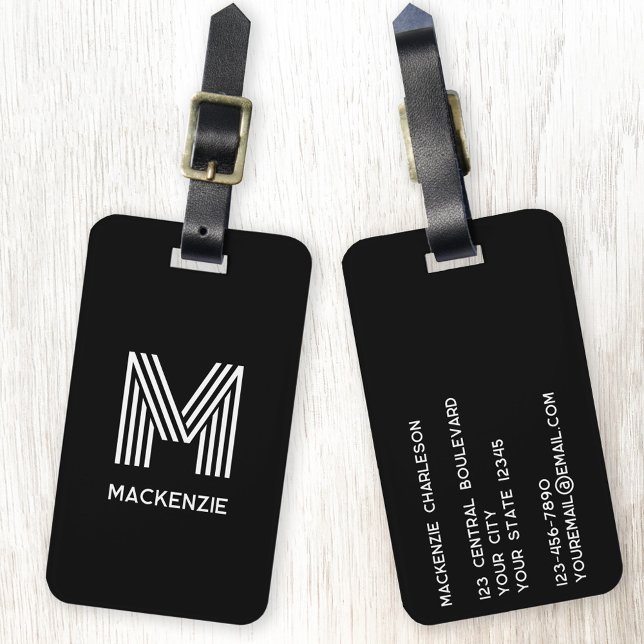 Monogramm Anfangsname Einfach Schwarz und Weiß Gepäckanhänger (Modern striped monogram initial custom name personalized luggage tag)
