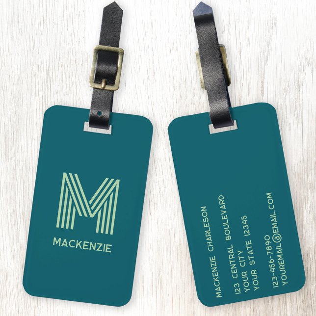 Monogramm Anfangsname Einfache Aquamarine Pistachi Gepäckanhänger (Modern striped monogram initial custom name personalized luggage tag)