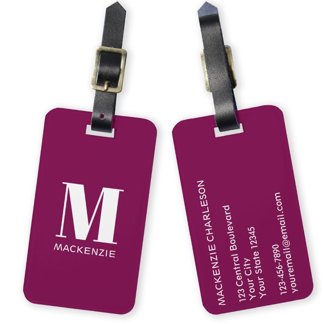 Monogramm Anfangsname Einfache Burgundy Pink Gepäckanhänger (Simple monogram initial name personalized minimalist deep jewel burgundy pink luggage tag)