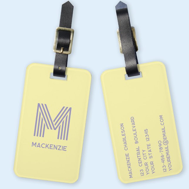 Monogramm Anfangsname Einfache Butter Gelbe Lilac Gepäckanhänger (Modern striped monogram initial custom name personalized luggage tag)