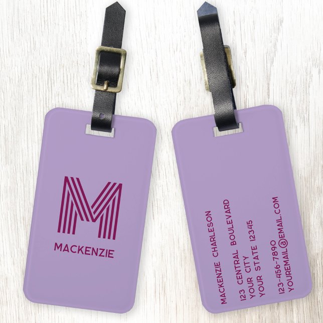 Monogramm Anfangsname Einfache Lilac Cherry Pink Gepäckanhänger (Modern striped monogram initial custom name personalized luggage tag)