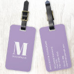 Monogramm Anfangsname Einfache Pastel Lilac Gepäckanhänger<br><div class="desc">Moderne Typografie minimalistisch monogramm Erstname Design in weiß auf pastellfarbenen lilac lila,  die geändert werden kann,  um personalisieren.</div>
