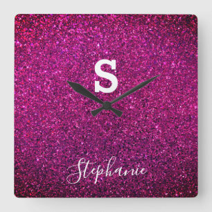 Monogramm Anfangsname Lila Pink Glitzer Trendy Quadratische Wanduhr
