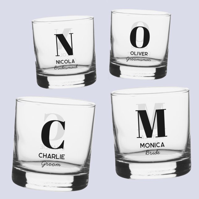 Monogramm Anfangsname Personalisierte Hochzeitspar Whiskyglas (Modern personalized monogram initial name bridal bachelorette wedding party individual glasses)