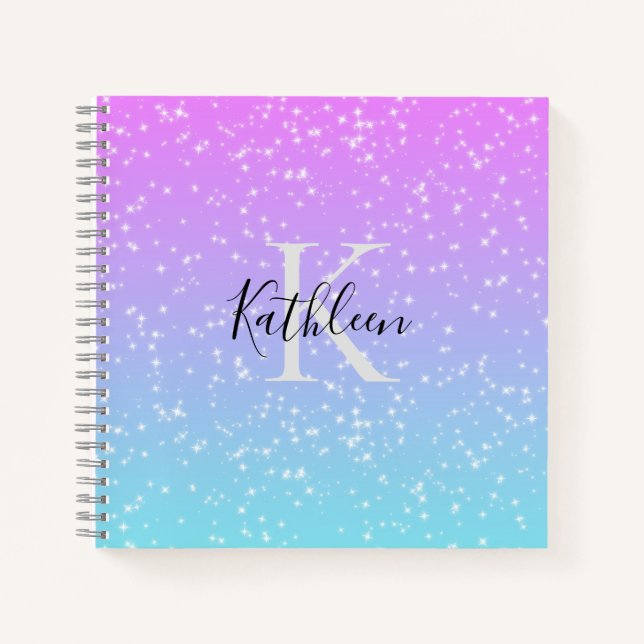 Monogramm Anfangsname Pink Blue Sparkle Girly Notizbuch (Vorderseite)