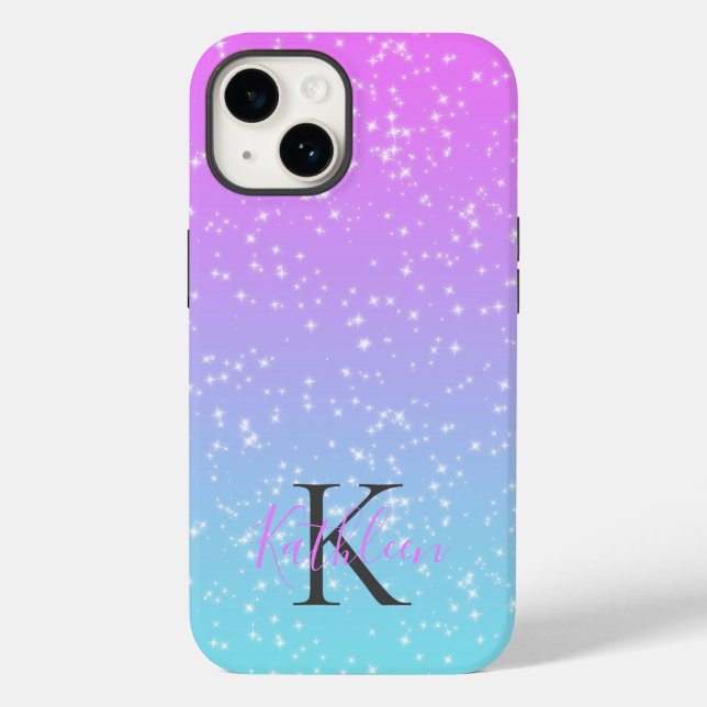 Monogramm Anfangsname Pink Blue Sparkle Ombre Case-Mate iPhone Hülle (Rückseite)