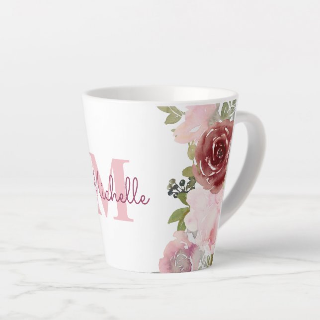 Monogramm Anfangsname Rosa Rose Aquarell Floral Milchtasse (Rechte Ecke)