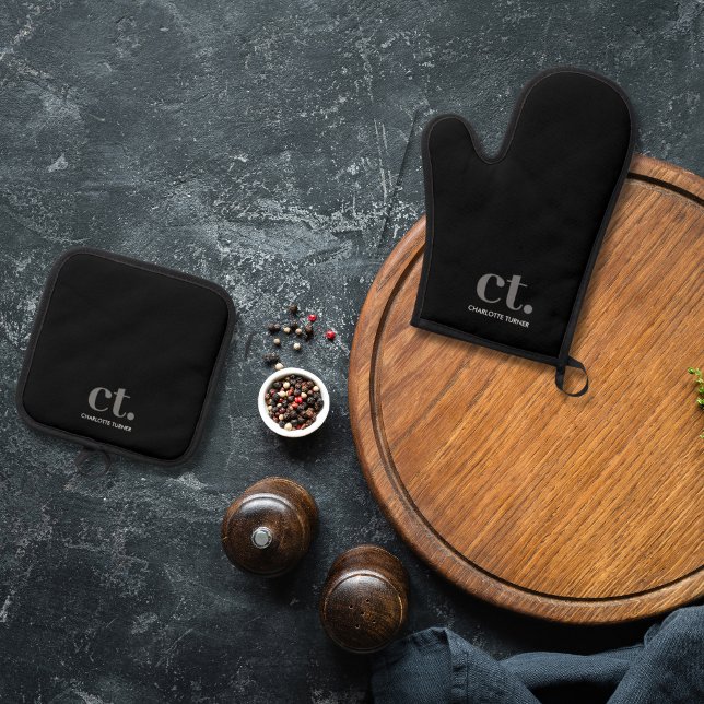 Monogramm Anfangsname Schwarz Ofenhandschuh & Topflappen-Set (monogrammed pot holder and mitt)