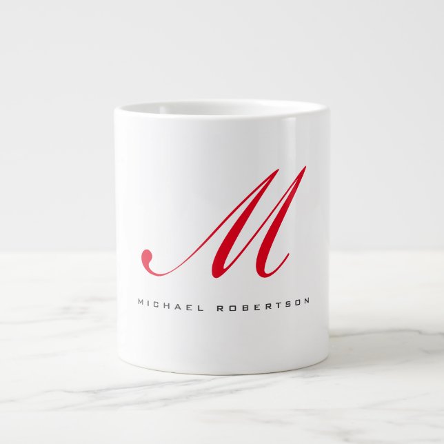 Monogramm Anfangsname Weiß Rot Minimalistisch Jumbo-Tasse (Vorderseite)