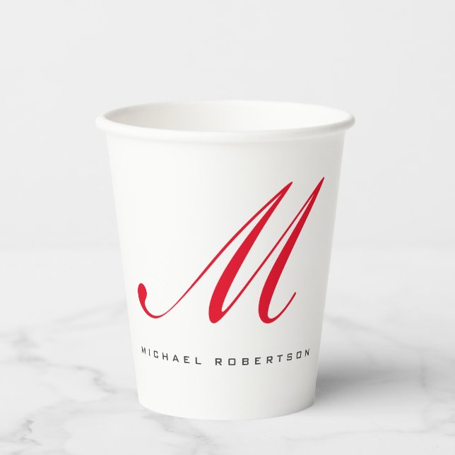 Monogramm Anfangsname Weiß Rot Minimalistisch Pappbecher (Vorderseite)