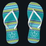 Monogramm-Anker-Lorbeer-Kranz Stripes Aqua Flip Flops<br><div class="desc">Ein eleganter weißer Anker mit Lorbeerblatt-Kranz ist das Mittelstück dieses einfachen, modischen, bunten Entwurfs, der stilvolle Streifen in den verschiedenen Tönen des Blaus kennzeichnen, Grüns und Graus. Frisch, Spaß, Seeentwurf perfekt während der heißen Sommerperiode. Dieser Entwurf ist das neutrale/Flüssigkeit Geschlecht und wird für alle Paare arbeiten. Fertigen Sie mit Ihren...</div>