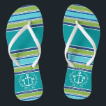 Monogramm-Anker-Lorbeer-Kranz Stripes Aqua Flip Flops<br><div class="desc">Ein eleganter weißer Anker mit Lorbeerblatt-Kranz ist das Mittelstück dieses einfachen, modischen, bunten Entwurfs, der stilvolle Streifen in den verschiedenen Tönen des Blaus kennzeichnen, Grüns und Graus. Frisch, Spaß, Seeentwurf perfekt während der heißen Sommerperiode. Dieser Entwurf ist das neutrale/Flüssigkeit Geschlecht und wird für alle Paare arbeiten. Fertigen Sie mit Ihren...</div>