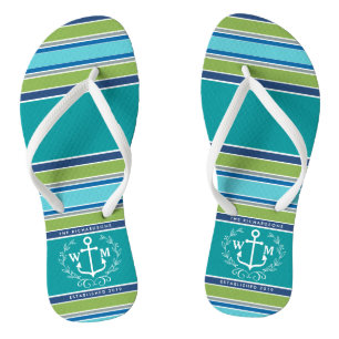 Monogramm-Anker-Lorbeer-Kranz Stripes Aqua Flip Flops